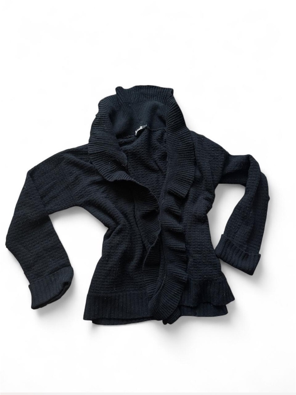Black vintage Y2K DKNY knit cardigan with ruffle detail #ruffle #knitwear